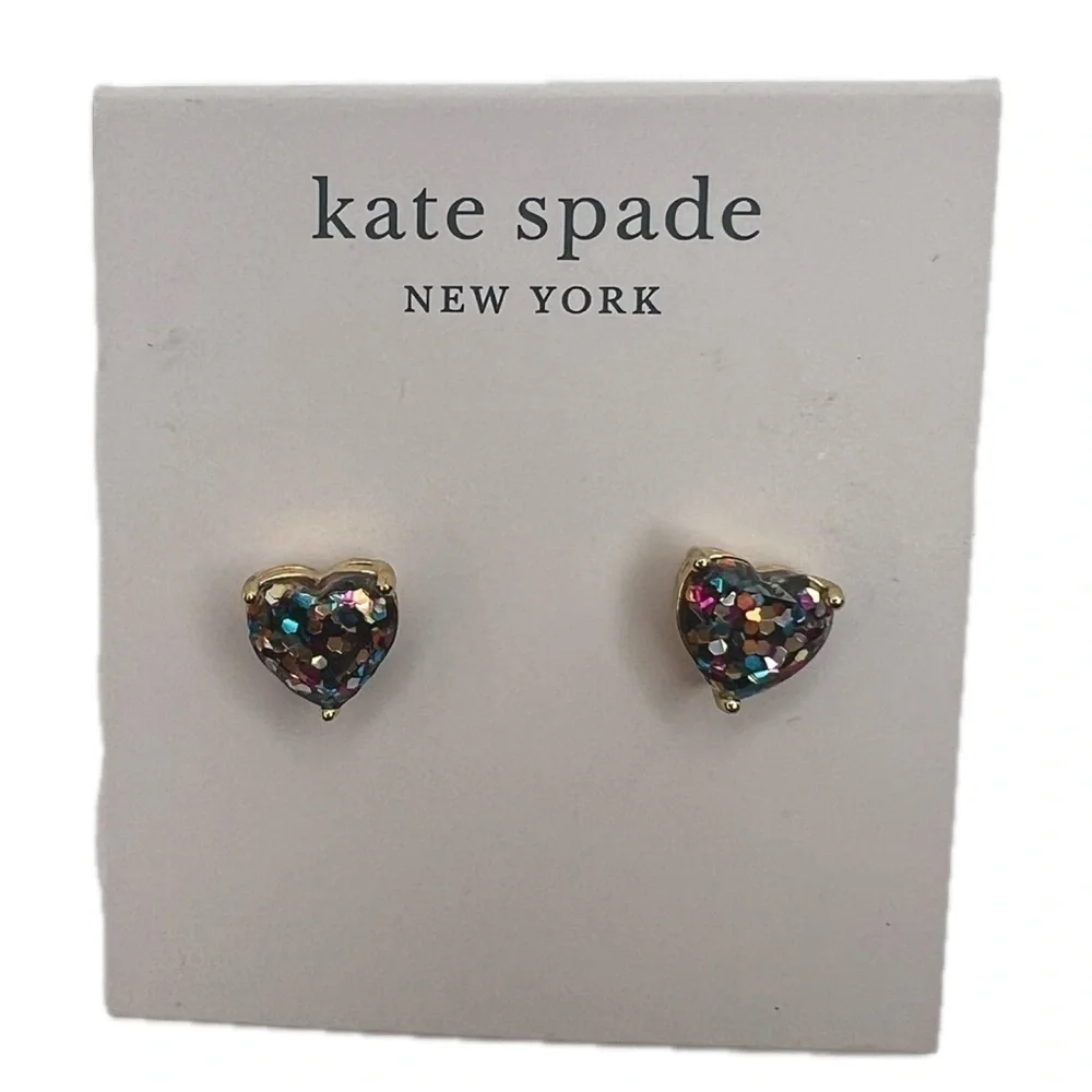 Kate Spade Multi-Glitter Heart Gold Hoops and Studs Matching 2 Hole Earrings Set